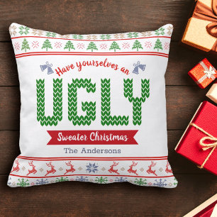 Almofada Suéter de Natal Feio Tacky Vermelho Nórdico Knit
