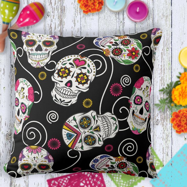 Almofada Sugar Skulls and Swirls Rosa Black ID725 (Criador carregado)