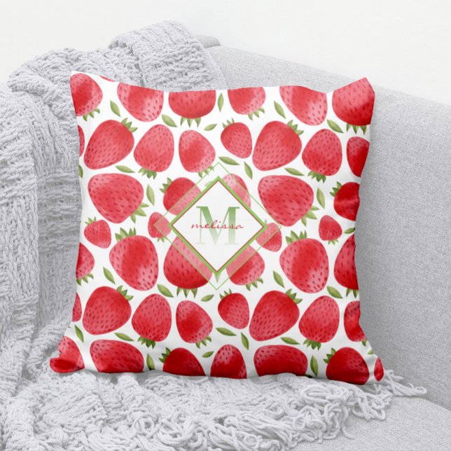 Almofada Summer Watercolor Strawberry Monograma 🍓 (Modern Strawberries Pattern Pillow with Ombre Monogram)