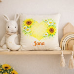 Almofada Sunflower Daisy Heart Name Nursery Art<br><div class="desc">A soft watercolor floral design featuring sunflowers and white daisies forming a warm yellow heart. This charming botanical artwork creates a gentle and cheerful nursery atmosphere. Perfect for baby room decor, spring nursery themes, and floral nursery styles. The soft pastel tones and playful flowers add a cozy, nature-inspired touch that...</div>