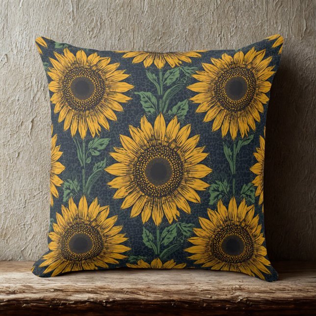 Almofada Sunflower e Cheetah Impressão Pattern (sunflowers on navy cheetah background throw pillow)