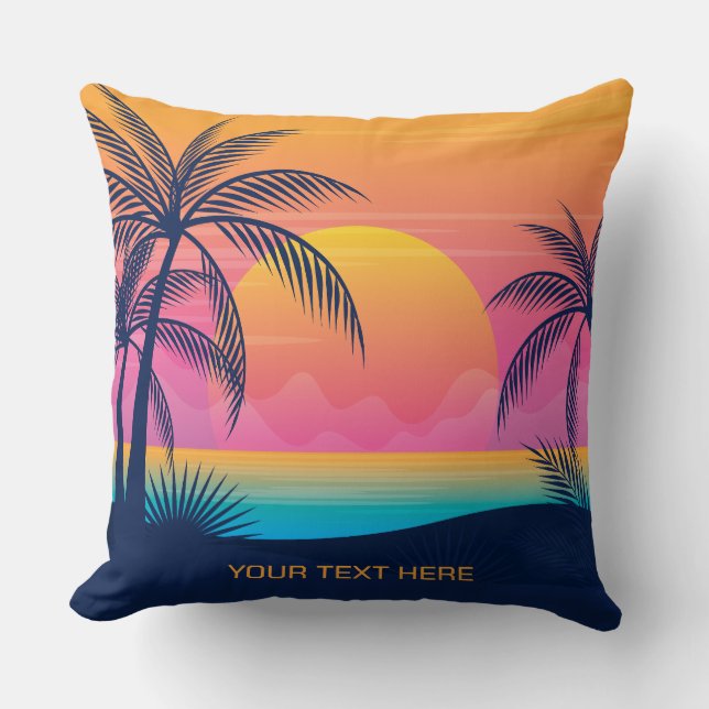 Almofada Sunset da Ilha Tropical de Texto Personalizado (Frente)