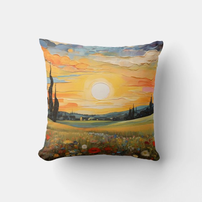 Almofada Sunset Meadow Wildflower Blooming Painting (Frente)