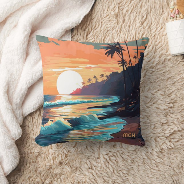 Almofada Sunset Tropical Beach do Monograma personalizado (Cobertor)