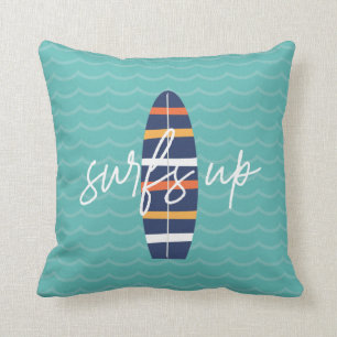 Almofada Surfs Up Blue surfboard and Waves Travesseiro deco