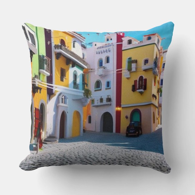 Almofada Surreal Art Abstrato a pequena cidade turística (Frente)