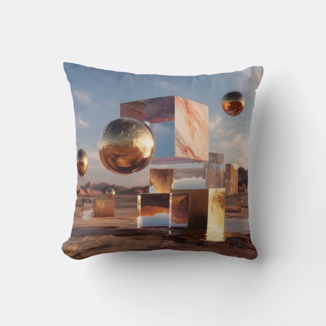 Almofada Surreal Geometric Composition With Golden Spheres (Frente)