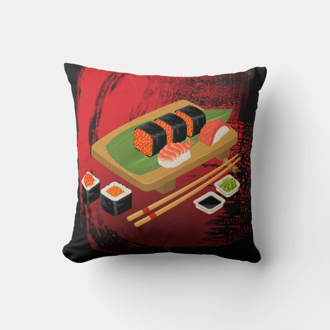 Almofada Sushi Preto e Vermelho Elegante e Moderno (Frente)
