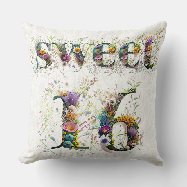 Almofada Sweet 16 Happy Birthday Wildflower Text (Frente)