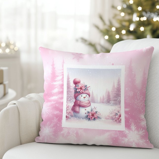Almofada Sweet Pink Snowman Pillow Cute Christmas Scene (Sweet Pink Snowman Pillow Cute Christmas Scene)