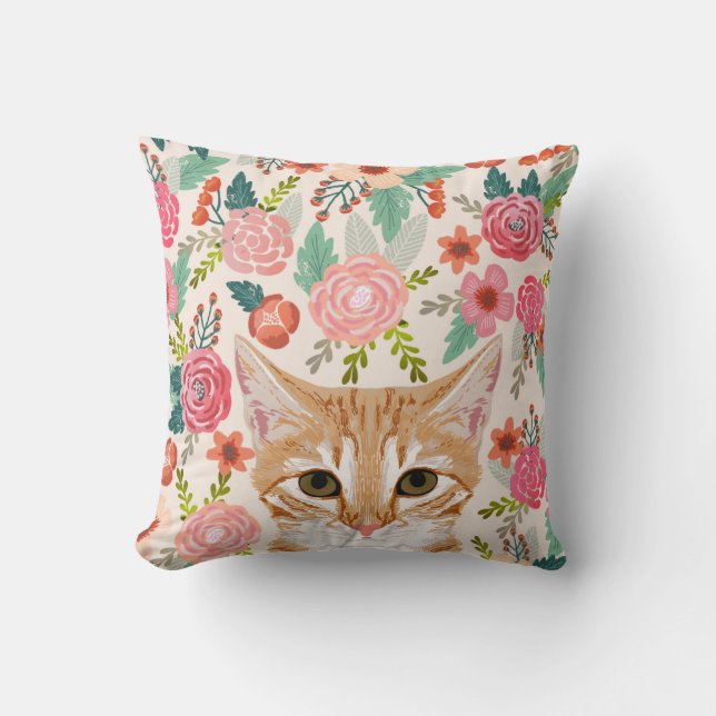 Almofada Tabby Cat primavera florals travesseiros de gatas  (Frente)