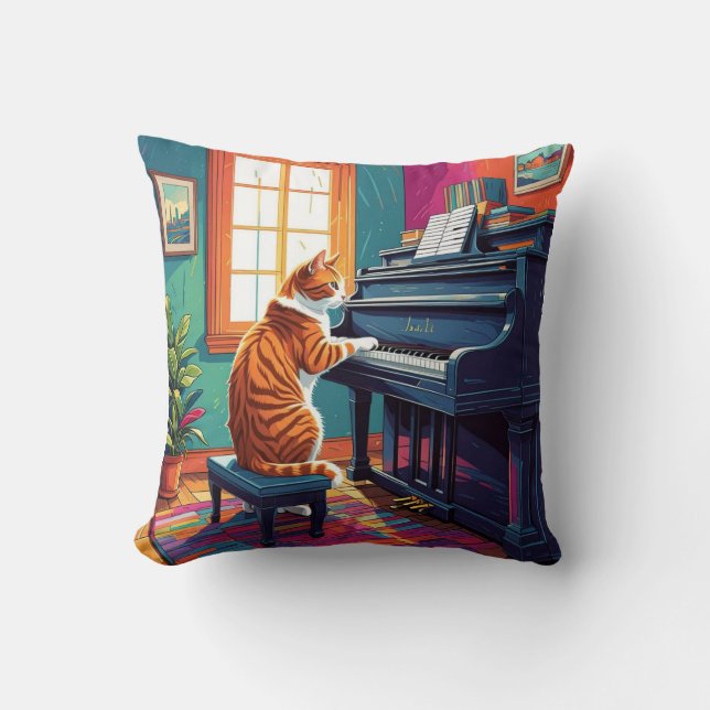 Almofada Tabby Cat Tocando o Piano (Frente)