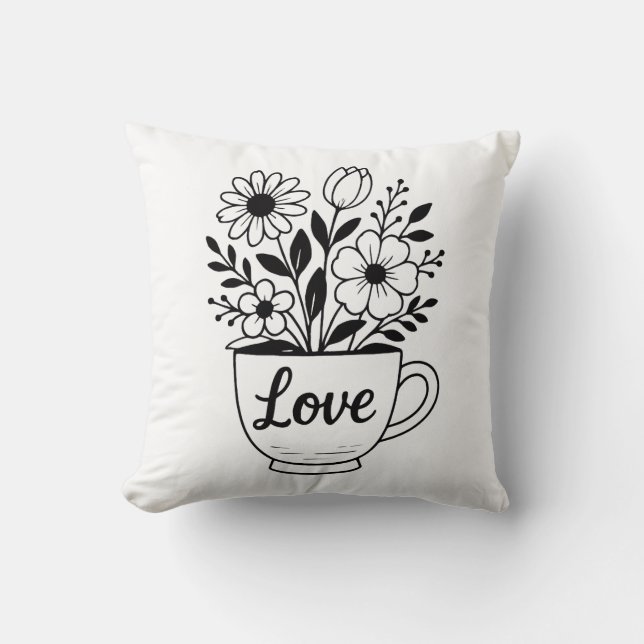 Almofada Taça bonito de chá preto com Design de flores (Frente)