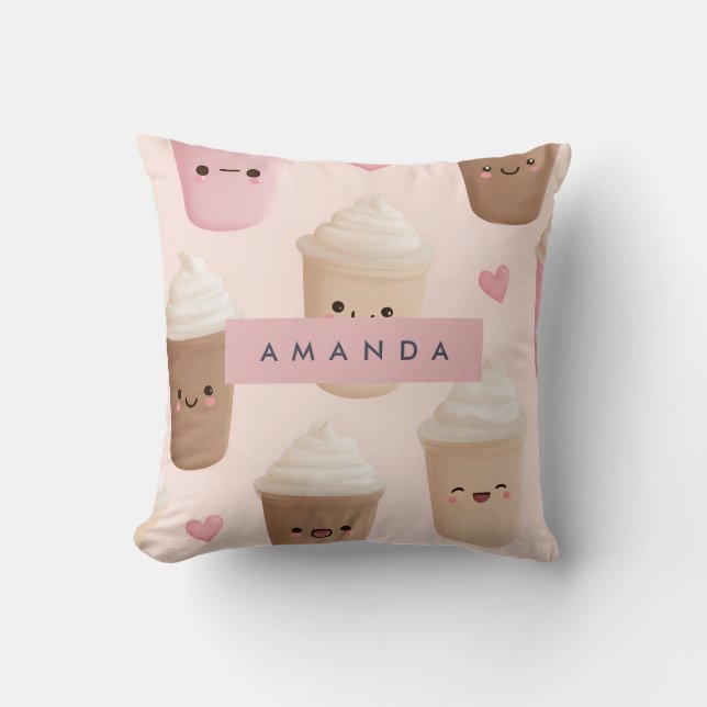 Almofada Taça de café Kawaii, rosa-branca personalizada (Frente)