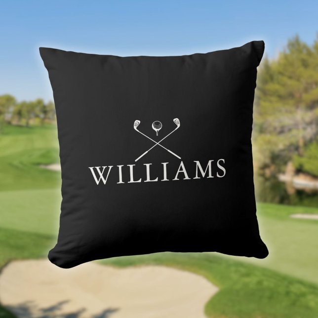 Almofada Tacos de golfe personalizados com nome preto e bra (Personalized Name Golf Clubs Black And White Throw Pillow)