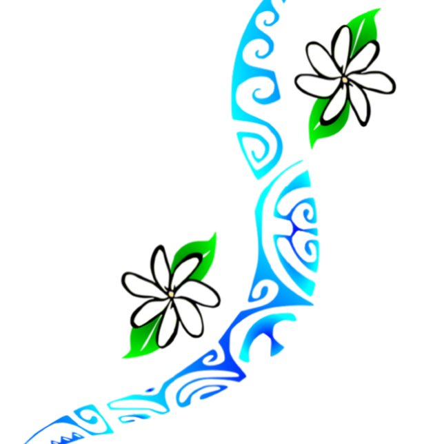 Almofada TAITIARE (Bleu) (Fleurs de Tiaré avec motifs polynésiens "marquisiens". )