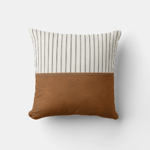 Almofada Tan Leather Striped White Linen Mínimo Farmhouse