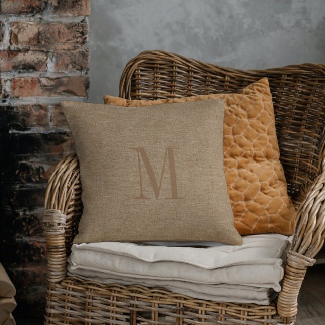 Almofada Tan Linen Texture Monogram (Criador carregado)