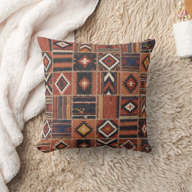 Almofada Tapete Geométrico de Kilim com Remendo Rústico (Cobertor)