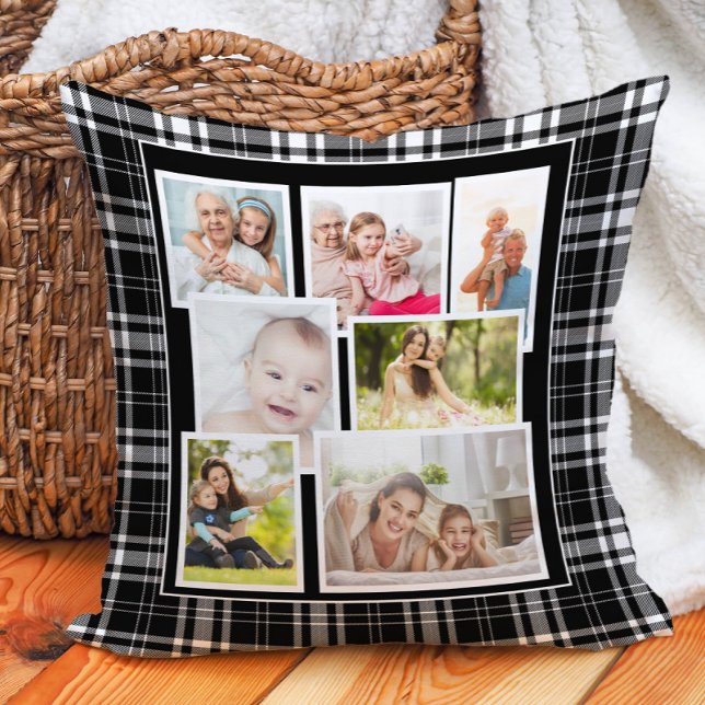 Almofada Tartan de Xadrez Preto e Branco Personalizado 7 Fo (Black and white buffalo plaid checkered 7-photo decorator pillow. Printed on both sides.)