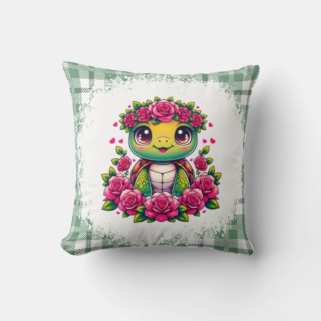 Almofada Tartaruga Adorável com Coroa Floral (Frente)