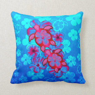 Almofada Tartarugas de Honu e flores tropicais do hibiscus