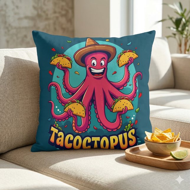 Almofada Tatuagem engraçada de polvo de taco Caricatura de  (Funny Taco Octopus Cartoon Food Pun Throw Pillow On White Sofa)