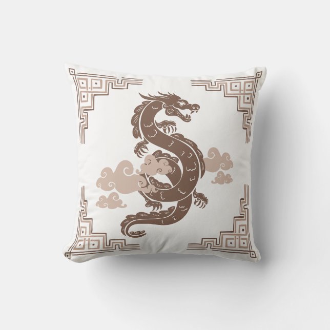 Almofada Taupe Brown Chinoiserie Dragon e Nuvens (Frente)