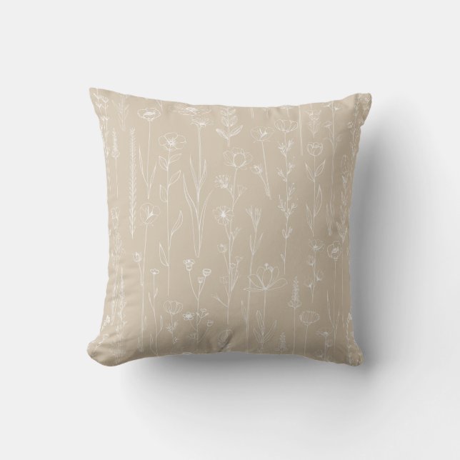 Almofada Taupe Wildflower Line Art Floral Throw Pillow (Frente)