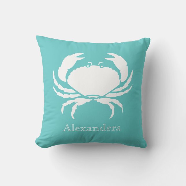 Almofada Teal BRANCO CRAB, de decoração temática oceânica (Frente)