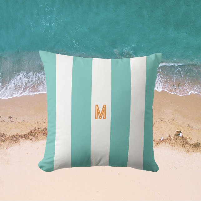 Almofada Teal Cabana Stripe & Personalizado Monograma Laran (Criador carregado)