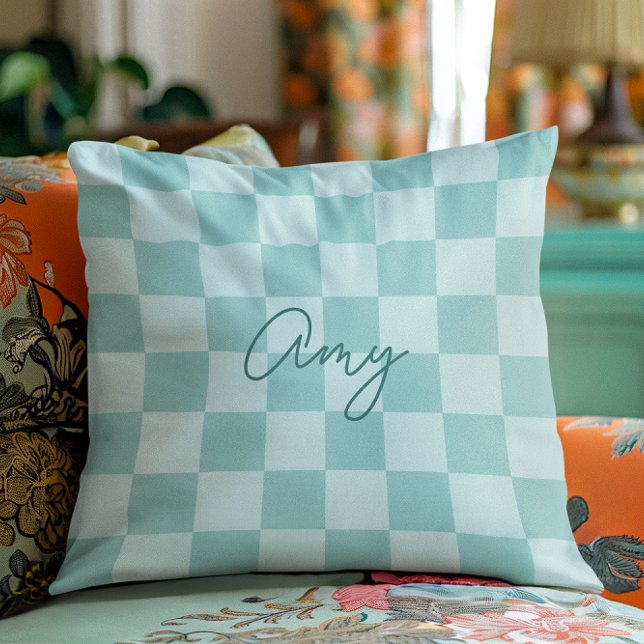 Almofada Teal Checkers Monoline Name (Teal Checkers Monoline Name Throw Pillow)