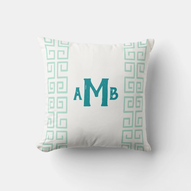 Almofada Teal Chinoiserie largo Grego - Greve-Chave Monogra (Frente)