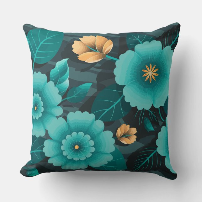 Almofada Teal e Dourado Floral com Folhas verdes escuras (Frente)