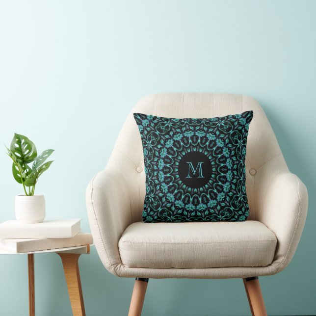 Almofada Teal Floral Mandala Monogram (Cadeira)