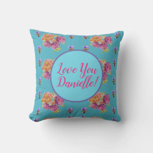 Almofada Teal Floral Rosa Love Girls Name Cushion