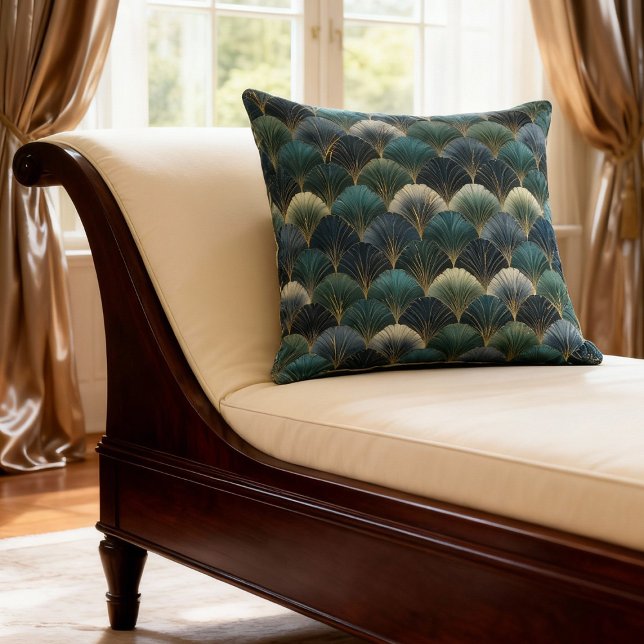 Almofada Teal Navy Gold Art Deco Fan Pattern (Criador carregado)