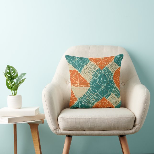Almofada Teal, Orange, and Tan Abstract Flowers (Cadeira)