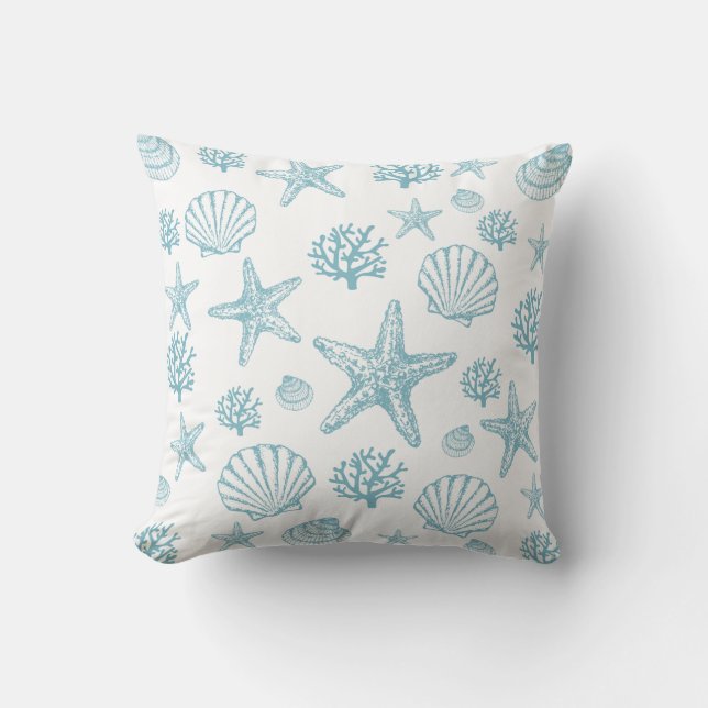 Almofada Teal Starfish Seashell Beachy Patterno (Frente)