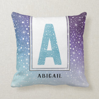 Almofada Teal Watercolor Monograma Galaxy Púrpura Flocos de