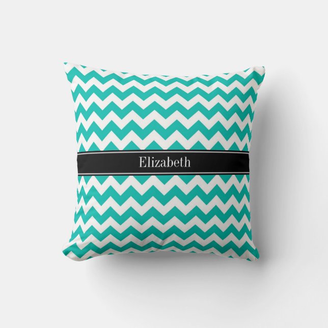 Almofada Teal White Chevron ZigZag Black Name Monograma (Frente)