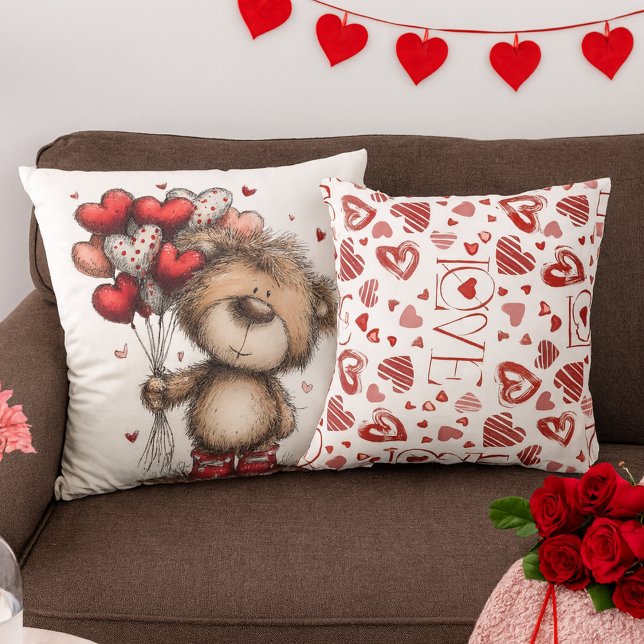 Almofada Teddy Bear With Heart Balloons & LOVE Pattern (Criador carregado)