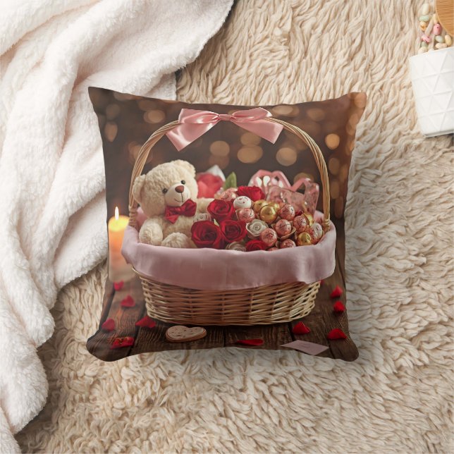 Almofada Teddy Rose Basket Romantic Valentine Decorative (Cobertor)
