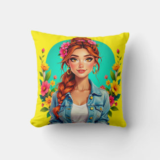 Almofada Teen Girl Aestic - Retrato de Cartoon Floral