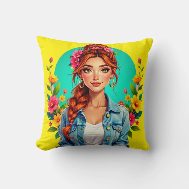 Almofada Teen Girl Aestic - Retrato de Cartoon Floral (Frente)