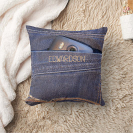 Almofada Telefone em jeans azuis nome monograma de bolso le
