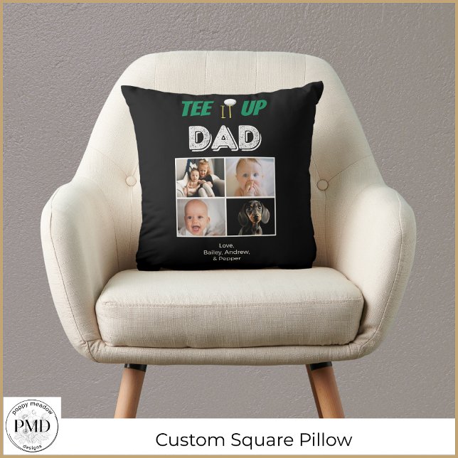 Almofada Tente o Pai personalizado Dia de os pais 4 (Tee It Up Dad Custom Fathers Day 4 Photo Square Throw Pillow with Children's Names, Photos.)