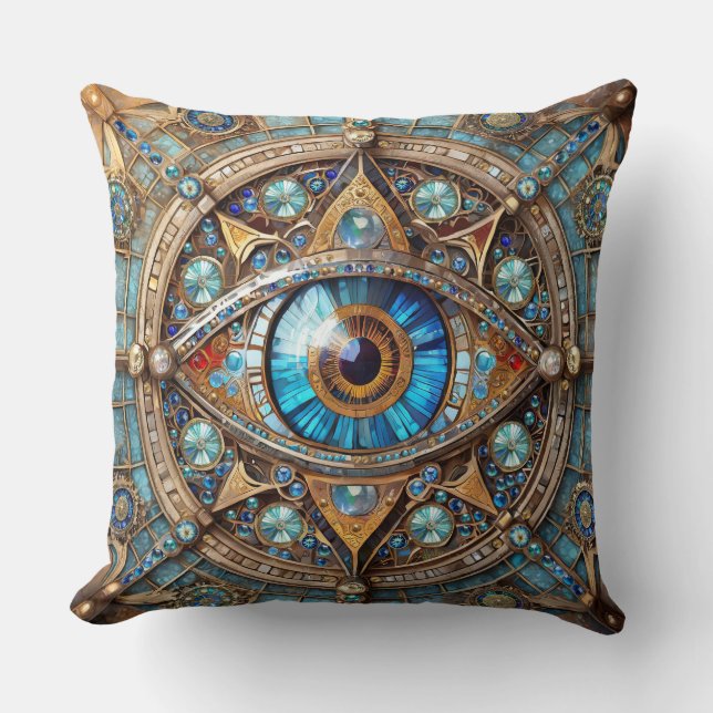 Almofada Terceiro Olho - Mandala Dourada Azul Turquesa (Frente)