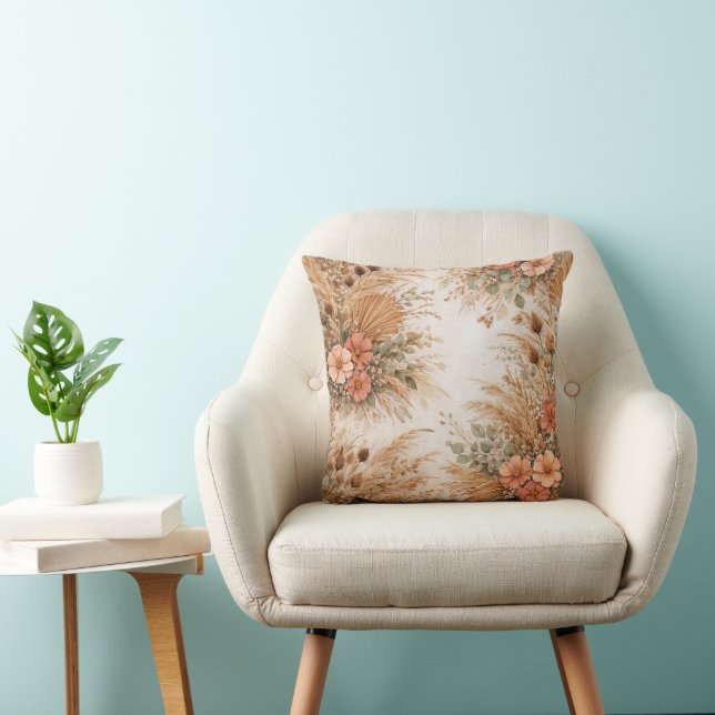 Almofada Terracota Floral Boho Pampas Pêssego (Cadeira)