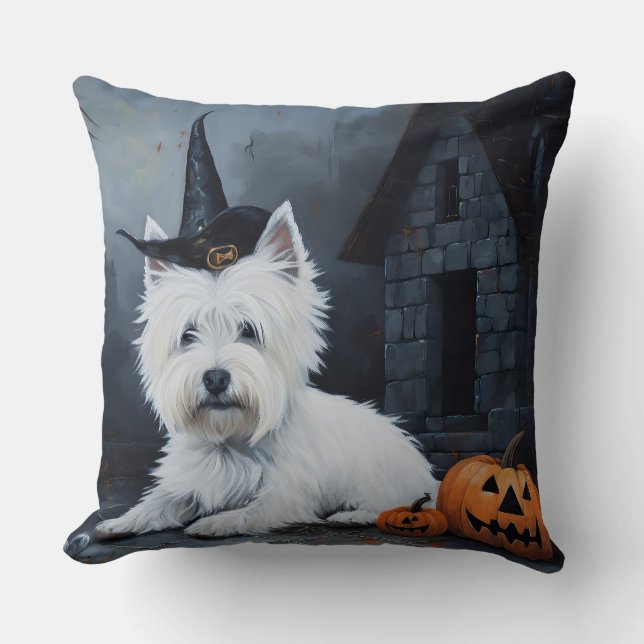 Almofada Terrier Branco do West Highland Abóbora Halloween (Frente)